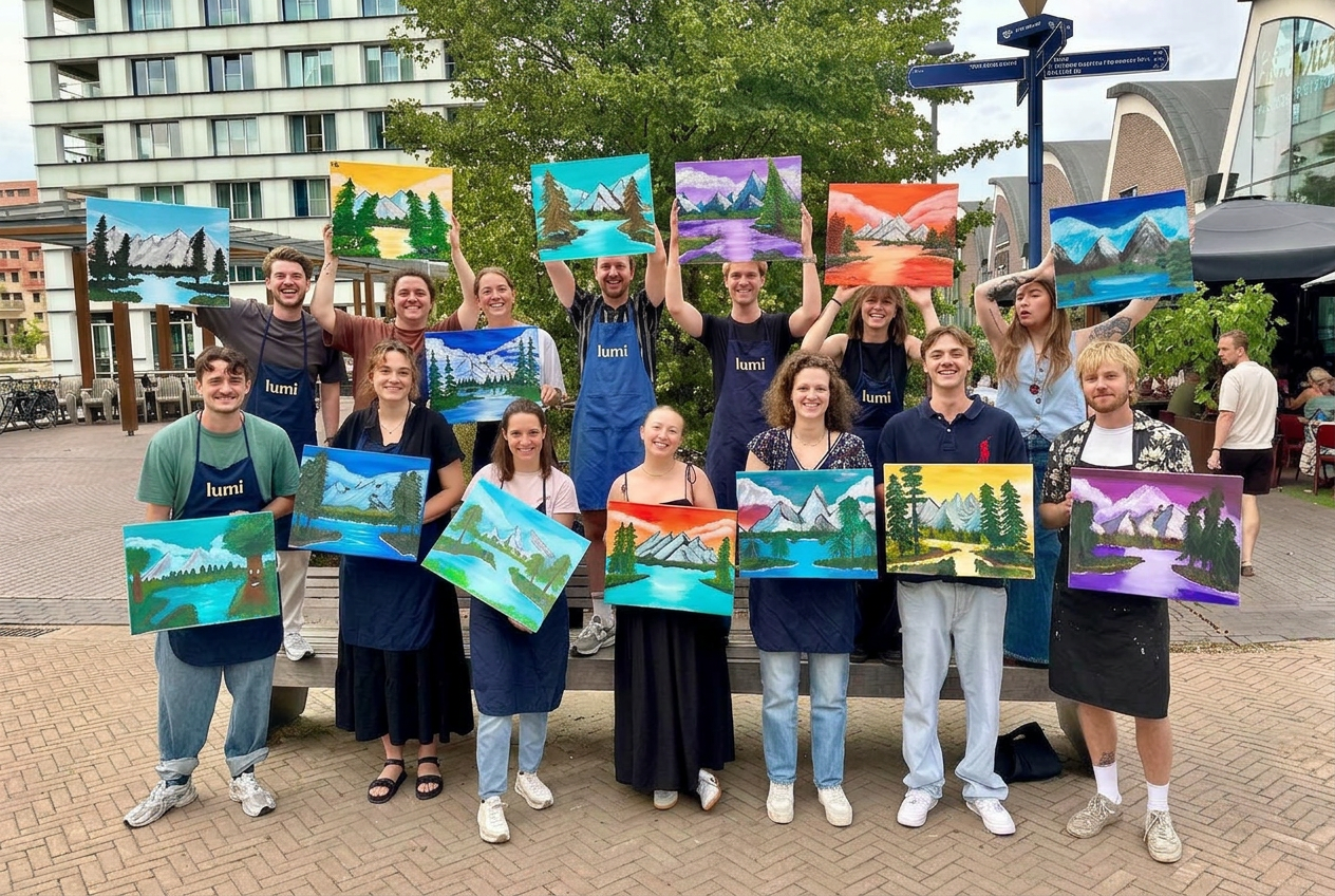 Grote groep deelnemers houdt trots hun Bob Ross-schilderijen omhoog na de workshop